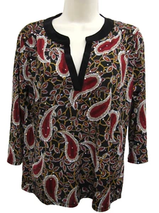 Womens Top Shirt Blouse Three Quater Sleeve Size S Red Black Floral Sequin Flowy - Picture 1 of 9