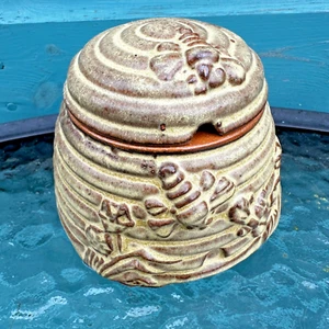 Studio Pottery Honey Pot - Bees and Flowers on a Bee Hive Pattern - Picture 1 of 9