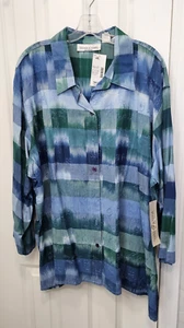 NWT Victoria Jones Shirt Plus Sz 4X Blue Green Button Up Embroidered 3/4 Sleeve - Picture 1 of 11