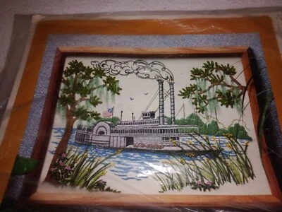 Vintage 1980 Cross Stitch Kit Riverboat New Old Stock American Flag Flowers - Image 1 of 4