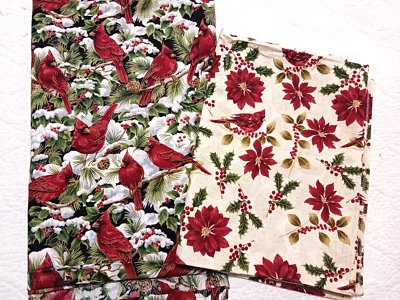 2 Cuts Pretty Red Cardinal Bird Cotton Fabric w Poinsettias Berries Snow Pine Tr - Image 1 of 4