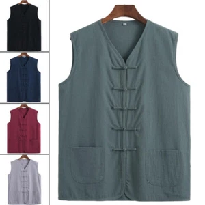 Mens Traditional Chinese Tang Suit Vest Tops Cotton Martial Arts Kung Fu Uniform - Picture 1 of 20