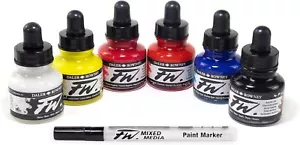Daler Rowney FW Acryl Tintenflasche 6 Farben Primär Set mit leerem Marker - Bild 1 von 7