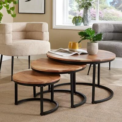 Nest 3 Tables Solid Acacia Wooden Top Home Compact Furniture Design Living Room - Image 1 of 4
