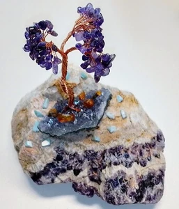 🔴 Großer AMETHYST mit EDELSTEIN-BAUM + BERNSTEIN + LARIMAR - Bild 1 von 2