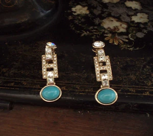 Vintage Deco Style Oval and Square Crystal and Turquoise Drop Clip-on Earrings - Picture 1 of 7