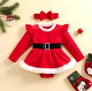 NEW Christmas Santa Baby Girls Red Velvet Romper Jumpsuit Dress & Headband - Picture 1 of 7