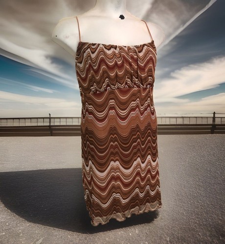 PALM ANGELS Mini abito senza maniche vita impero taglia 4X marrone ondulato mod sovrapposizione in rete stampa