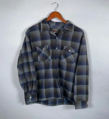 VTG Golden Arrow Wool Flannel Shirt Adult Small (Large) Blue Plaid Loop Collar - Image 1 of 4