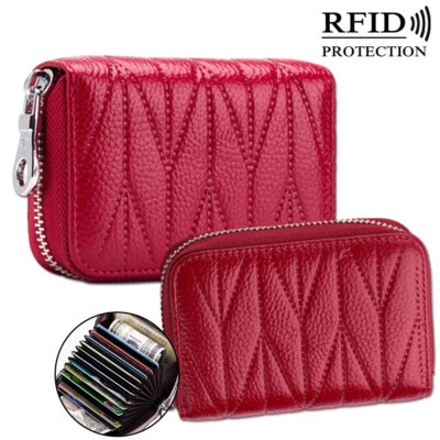 Red RFID Blocking Card Case Genuine Leather Wallet Card Holder Zip Purse Women - Image 1 of 4