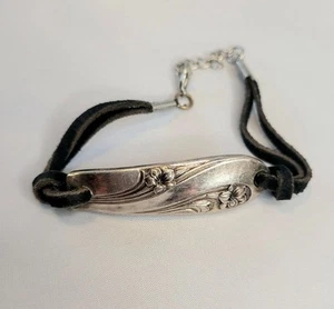 Silver Plated Daffodil Silverware Bracelet Black Leather Strap 8" Adjustable - Picture 1 of 3