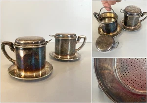 ANTICA COPPIA TAZZA TISANIERA FILTRO METALLO ARGENTATO Broggi ITALY ART DECO '30 - Foto 1 di 16