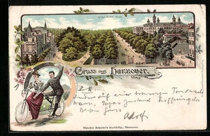 Lithographie Hannover, Herrnhäuser-Allee mit Welfenschloss, Paar auf Tandem 189 - Picture 1 of 2