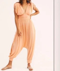 Free People Beach Yoga Boho Gauze Jumpsuit, Harem Pant, Smocked Elastic Waist - Picture 1 of 16