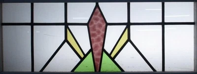 ABSTRACT OLD ENGLISH LEADED STAINED GLASS WINDOW TRANSOM 33.25" X 14" - Image 1 of 3