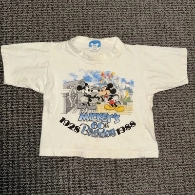 Kids Small 80s Disney Vintage Mickey's 60th Birthday White Tee USA Made - Image 1 of 4