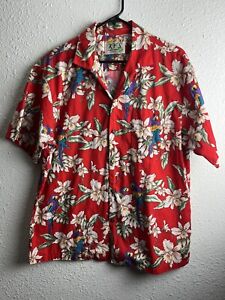 Vintage Ky’s Hawaiian Shirt Mens Size L Red Floral Cotton Short Sleeve Button Up