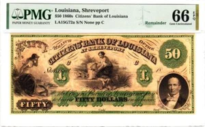1860's $50 The Citizens' Bank of LOUISIANA at Shreveport - PMG 66 GEM UNC- WOW! - Picture 1 of 12