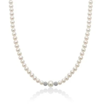 Collana filo perle naturali perla centrale sfere diamantate in oro bianco 18 kt - Immagine 1 di 4