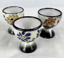 3 Vintage Folk Art Egg Cups Floral Hand Painted Redware Pottery Yellow and Black