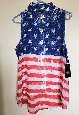 Rouge Collection Red White Blue Flag Patriotic Sleeveless Button Blouse L NEW - Image 1 of 3