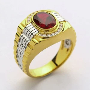 Natural Men's Red Garnet Ring, Men's 14K Twotone Yellow Gold Ring New - Picture 1 of 9