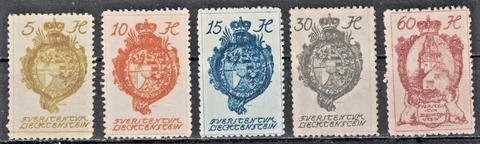 LIECHTENSTEIN:1920 SC#32-34,37,40 perf. MH Coat of Arms  AJ1277 Cover