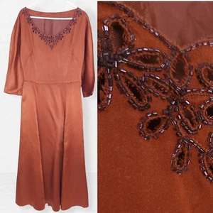 Beaded Bronze 1940s Dress Ladies S Satin Pinup Landgirl WW2 50s MCM Prom Vintage - Foto 1 di 24