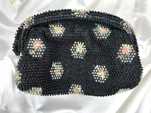 Vintage Lumured Corde Bead Black Beaded Evening Bag Clutch Purse - Picture 1 of 10