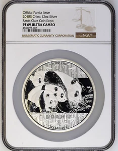 2018 China Silver 12oz Santa Clara Coin Expo Official Panda Medal NGC PF69UC - Picture 1 of 2