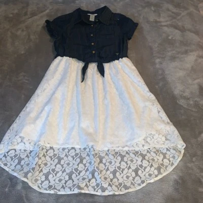 Guess Kids Size 16 Denim Blue & White Lace Hi / Low Summer Dress EUC - Image 1 of 4