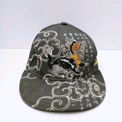 Vintage Akademiks Hat Dragon Embroidered Embellished Gray Grey 7 3/8 Fitted - Image 1 of 4