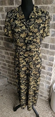 Maxi Vestido De Colección Años 90 Maggy London 100% Seda Negro Hoja Dorada Estampado Botánico Talla 6 Foto 1 de 4