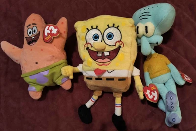 海绵宝宝 Patrick Star Squidward 2004 Ty 豆豆娃毛绒套装 — 第 1/4 张图片