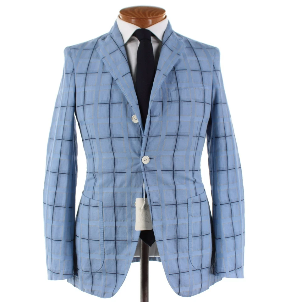 Belvest NWT Cotton Blend Sport Coat Size 46R (36R US) In Blues w/ Beige Plaid - Image 1 of 4