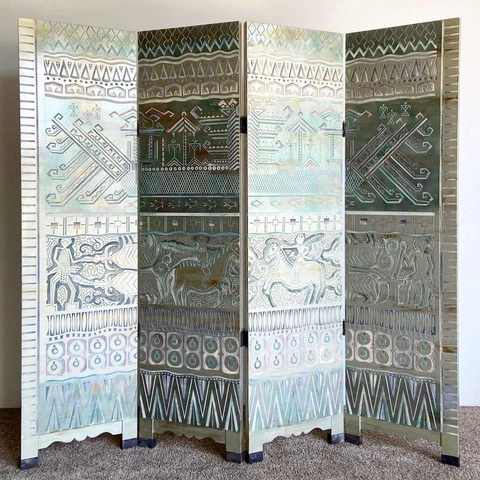 Chinese Hand Carved and Painted Native Tribal Room Divider - 4 Panels Cover