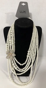 Six Strand Faux Pearl Layered Necklace w/ Rhinestone Floral Accent New w/ Tag - Picture 1 of 4