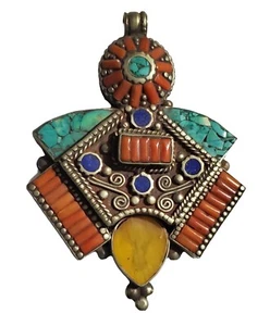 Colgante/Medallón Tibetano Turquesa Coral Lapislázuli Zafiro Amarillo - Imagen 1 de 5