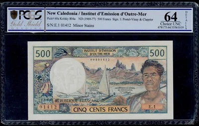  NEW CALEDONIA  500 FRANCS  ( 1969 )  PICK # 60a  PCGS 64 CHOICE UNC. - Image 1 of 2