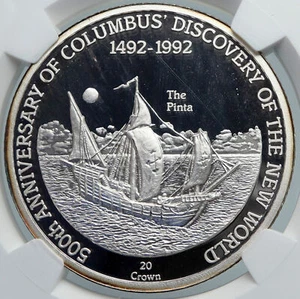 1991 TURKS AND CAICOS Columbus EXPLORATION OLD Silver 20 Crown Coin NGC i89104 - Picture 1 of 5