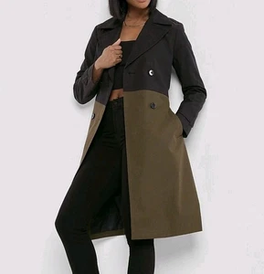 $198 New Express Womens M Black Olive Green Nylon Belted Midi Belted Trench Coat - Picture 1 of 24