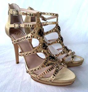 VINCE CAMUTO..GOLDEN SATIN..STRAPPY..STILLETO..RHINESTONE..HEELS..NIB..10 - Picture 1 of 7
