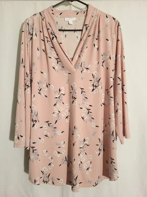 Charter Club-Pale Pink Gray Black White Floral 3/4 Sleeve Vneck Knit Top-2X - Image 1 of 4