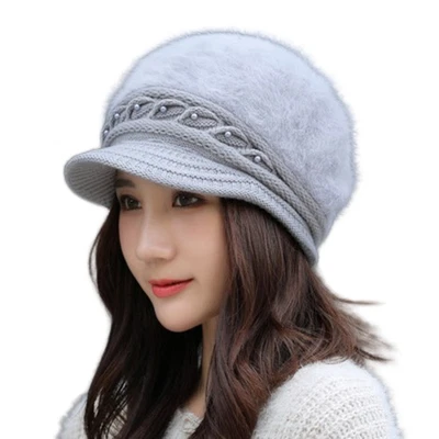 Women Winter Warm Newsboy Cap with Brim Lady Knit Beanie Skull Caps with Visor - Image 1 of 4