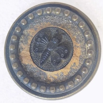 Unusual Antique Tin Back Button with Insect 1-1/8" Dia. Butterfly Perfume  FL - Image 1 of 4