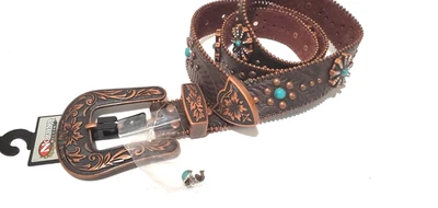 Western Nocona Womans Studded Star Chocolate Brown Tooled Belt - N34989216-L - Image 1 of 4