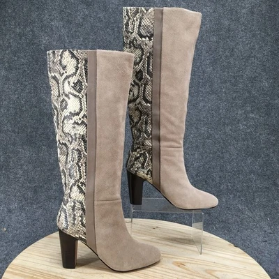 MRKT Boots Womens 10 Tall Riding Tan Snakeskin Knee-High Round Toe Cone Heels - Image 1 of 4