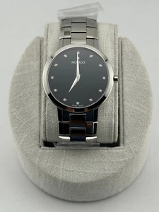 Movado Faceto Diamant akzentuiertes schwarzes Zifferblatt Stahl Uhr 0607865 brandneu in Box - Bild 1 von 7