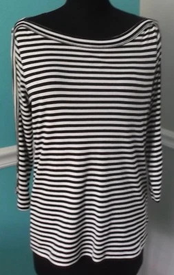 CHAPS RALPH LAUREN BLACK WHITE STRIPE 3/4 SLEEVE KNIT TOP - LARGE - NWT - Image 1 of 4