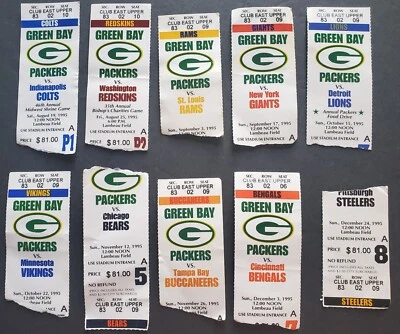 COMPLETE SET of ALL (10) 1995 Green Bay Packers ticket stubs - Brett Favre White - Image 1 of 2